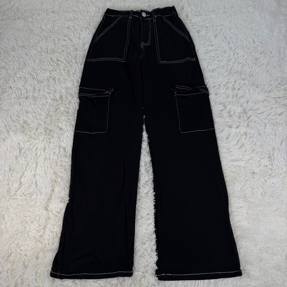Forever 21 Twill Mid Rise Carpenter Cargo Wide Leg Pant Denim Women's XS Black - Picture 3 of 16